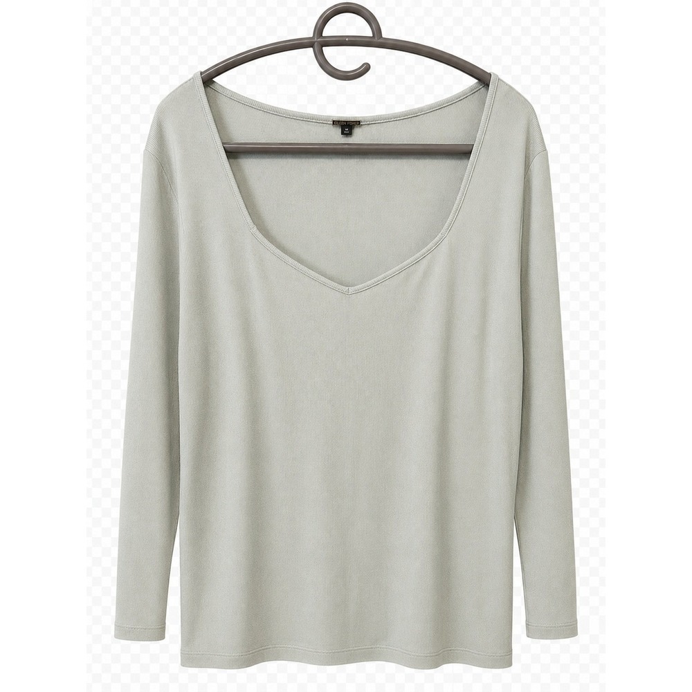 Magaschoni Ribbed Scoop Neck Top Size L Mint Grey NWT Long Sleeve Micromodal